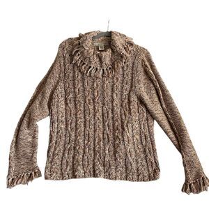 Linda‎ Matthews XL women's chunky cable knit sweater, fringe, western neutral